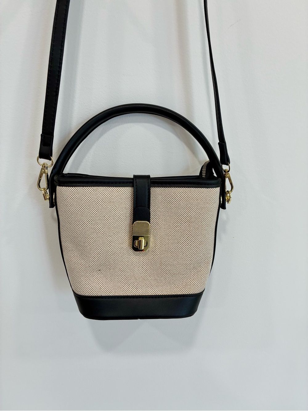 Black & Cream Textured Bucket Crossbody Bag with Top Handle